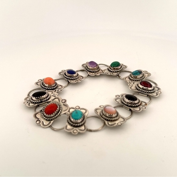 Vintage Signed Navajo Sterling Silver Jeweled Cuff Bracelet RMJ - Picture 6 of 9